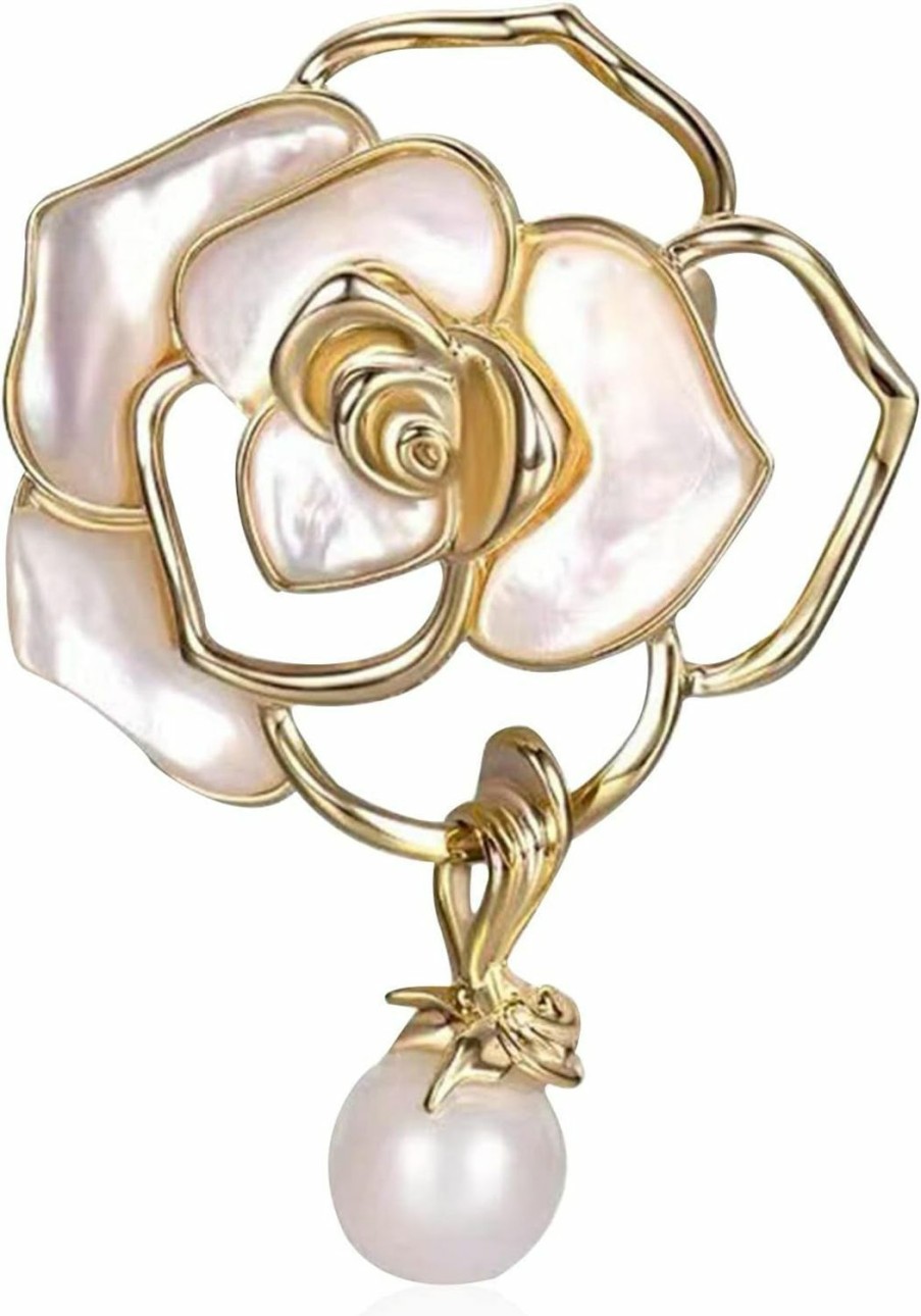 Anmpab Women'S Camellia Flower Pearl Enamel Brooch Pins For Ladies Jewelry Fashion Best