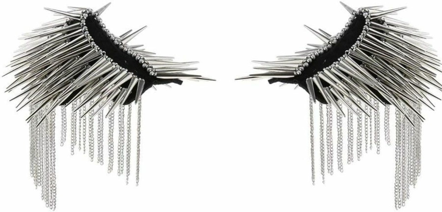 KODORIA 1 Pair Shoulder Epaulet Crystal Rhinestone Punk Rivet Tassels Shoulder Board Arm Badge Brooch Gifts - Silver Wholesale