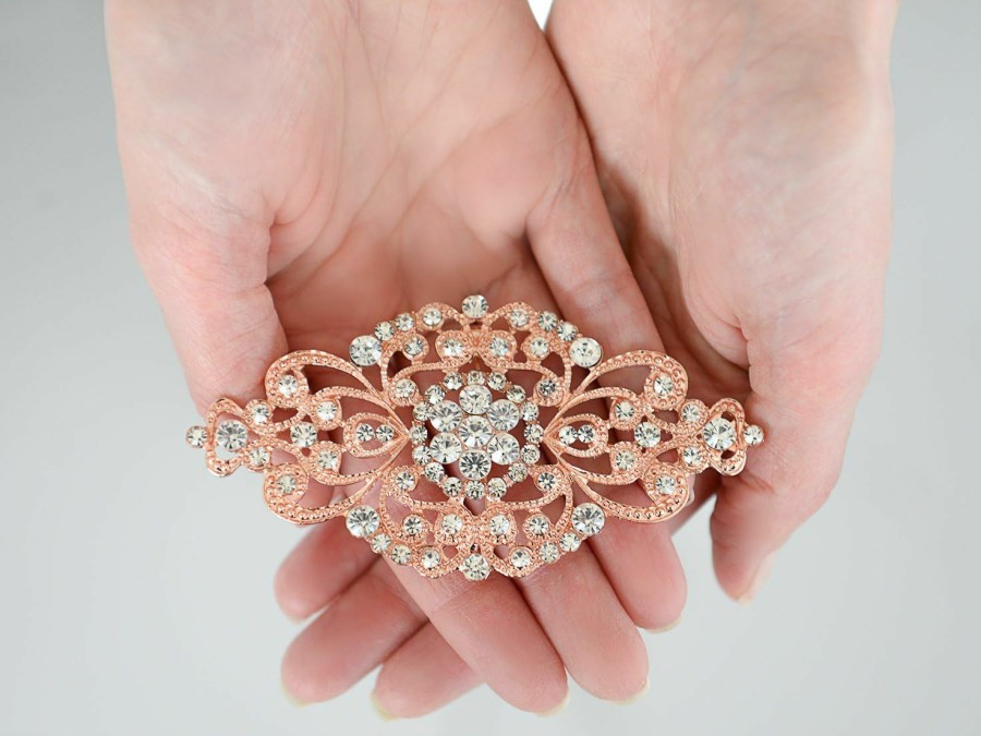 Mariell Mariell Vintage Bridal Crystal Brooch Pin, 4\" Wide, Rose Gold Wedding Pin, Rhinestone Brooch For Brides And Wedding, Art Deco Fashion Accessory Clearance