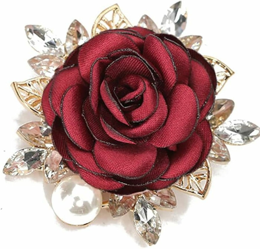 OIDIMS Elegant Rose Flower Brooch Pin For Women Men Wedding Party Gentleman'S Essentials Handmade Crystal Pearl Fabric Flower Lapel Pin Dress Suit Accessories Boutonniere Ideas Gift Valentine'S Day New