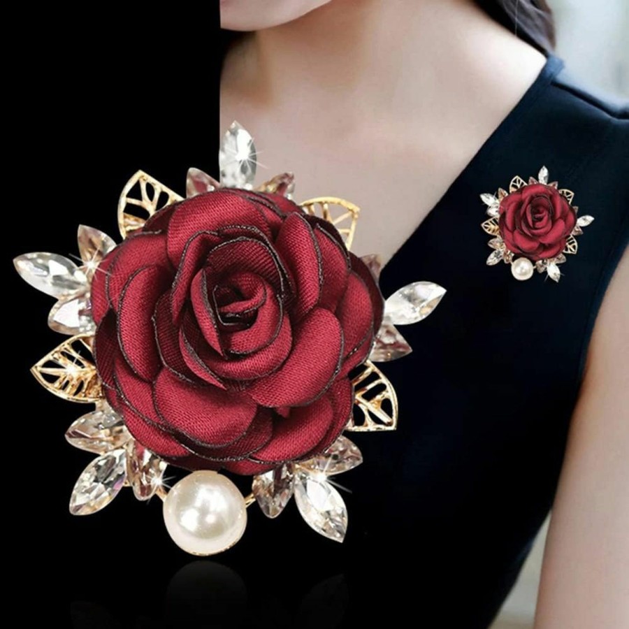 OIDIMS Elegant Rose Flower Brooch Pin For Women Men Wedding Party Gentleman'S Essentials Handmade Crystal Pearl Fabric Flower Lapel Pin Dress Suit Accessories Boutonniere Ideas Gift Valentine'S Day New