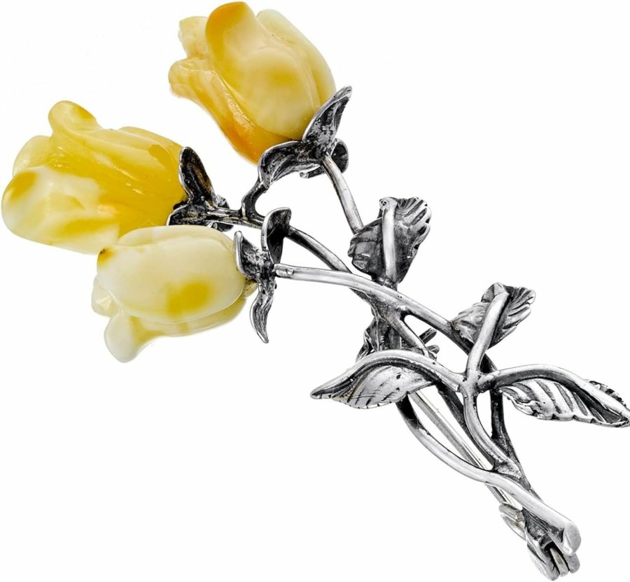 AMBEDORA Ambedora Women'S Brooch, Oxidised Sterling Silver, Hand Carved Amber Roses, Silver Brooch With Three Amber Roses In Milky Colour, 5 G Online