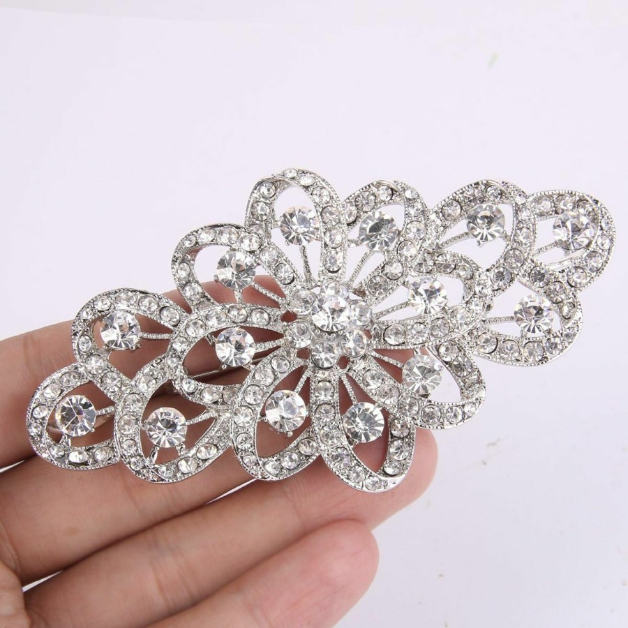 EVER FAITH Ever Faith 4 Inch Bridal Flower Ribbon Brooch Clear Austrian Crystal Wholesale