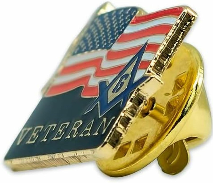 The Masonic Exchange Veteran Square & Compass American Flag Masonic Lapel Pin - [Gold & Black][5/8'' Wide] New