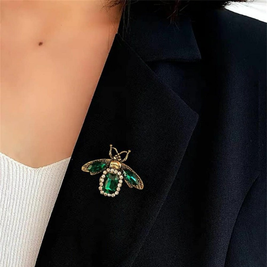 Dtja Gold Rhinestone Bee Brooch Pin For Women Men Fashion Crystal Vintage Green Cz Emerald Insect Animal Brooches Lapel Pins Dainty Dress Accessories Jewelry Boutonniere Corsage For Hat Bag Suit Tie Wholesale