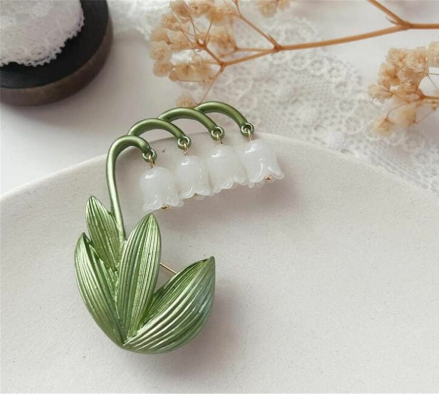 GUMEGE Lily Of The Valley String Brooch Clothing Pin Accessories Green Leaves Plant Brooch Enamel White Floral Leaf Brooch For Women Pins Brooch Jewelry Accessories Online