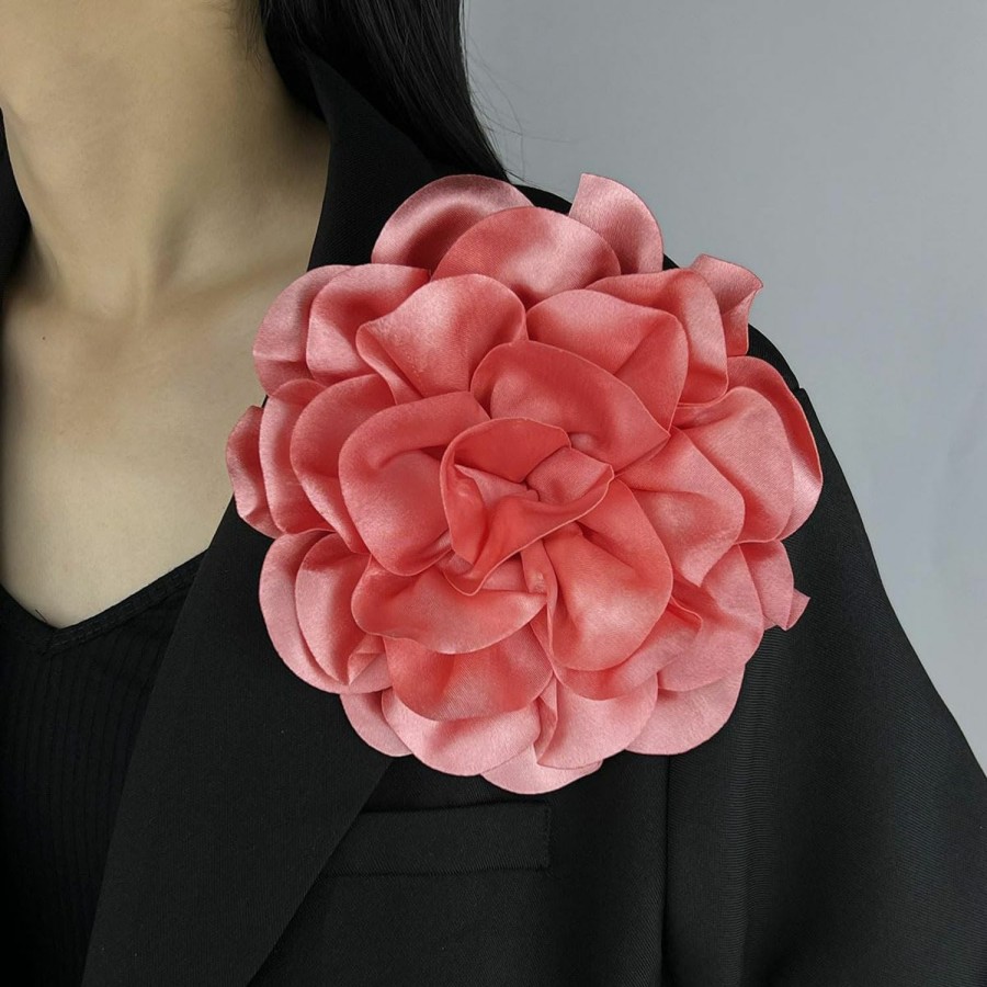 Pingyongchang Satin Fabric Rose Flower Extra Large Big Brooches Camellia Flower Oversized Brooch Pin For Women Wedding Party Dance Banquet Dress Suit Ceremony Clothes Accessories Gifts 7.5In Hot