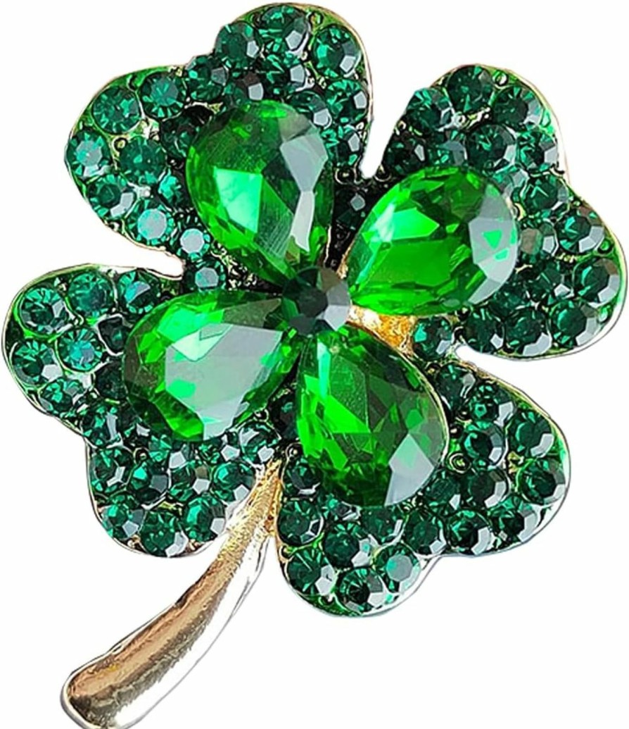 QIOJIRMU St. Patrick'S Day Rhinestone Green Clover Leaf Brooch Pin For Women Girls,Vintage Flower Shamrock Brooch Pin Lucky Decor St. Patrick'S Day Dress Accessories Clearance