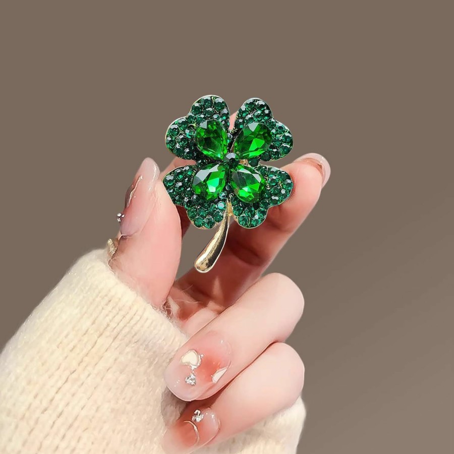 QIOJIRMU St. Patrick'S Day Rhinestone Green Clover Leaf Brooch Pin For Women Girls,Vintage Flower Shamrock Brooch Pin Lucky Decor St. Patrick'S Day Dress Accessories Clearance