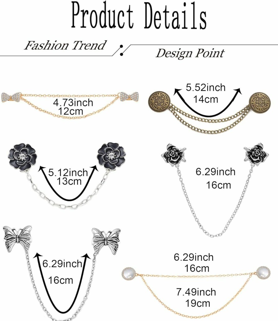 Ofeiyaa Ofeiyaa 6 Pcs Antique Sweater Shawl Clip Chain Renaissance Style Rose Bowknot Brooch Flowers Wings Heart Cardigan Pin Gold Sliver For Woman Girls Best