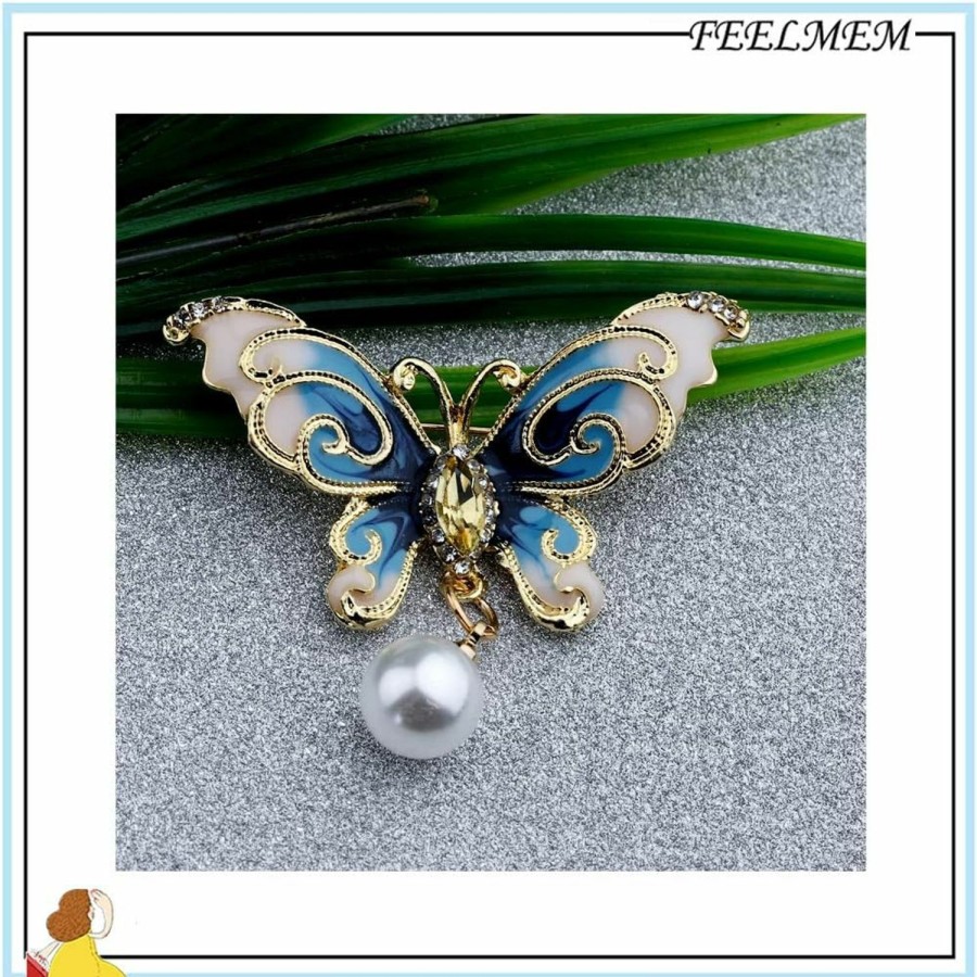 FEELMEM Feelmem Crystal Rhinestone Butterfly Brooch Pin Blue Color Butterfly Brooches For For Women Wedding/Banquet/Birthday Party Wholesale