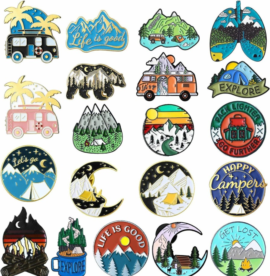 Janinka Janinka 20 Pcs Outdoors Enamel Pins Set Funny Camping Pins Nature Button Pins Vintage Lapel Pins Cute Mini Enamel Pins For Women Men (Camping) Clearance