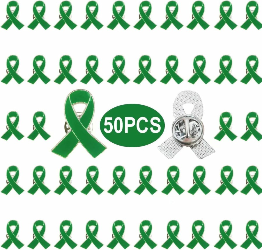 TSYMINQC 50 Pieces Green Ribbon Pins Green Awareness Lapel Brooches For Mental Health Environment Issue Liver Cancer Awareness Clearance