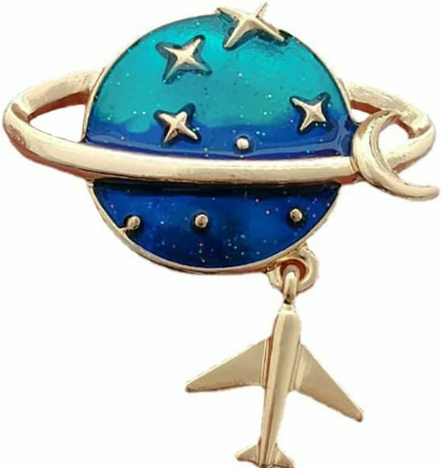 Izpack Blue Earth Planet Brooch Pin Airplane Crescent Moon Cross Stars Space Enamel Corsage Lapel Brooches Pins For Women Girls Clothing Jackets Badges Jewelry Gifts Hot