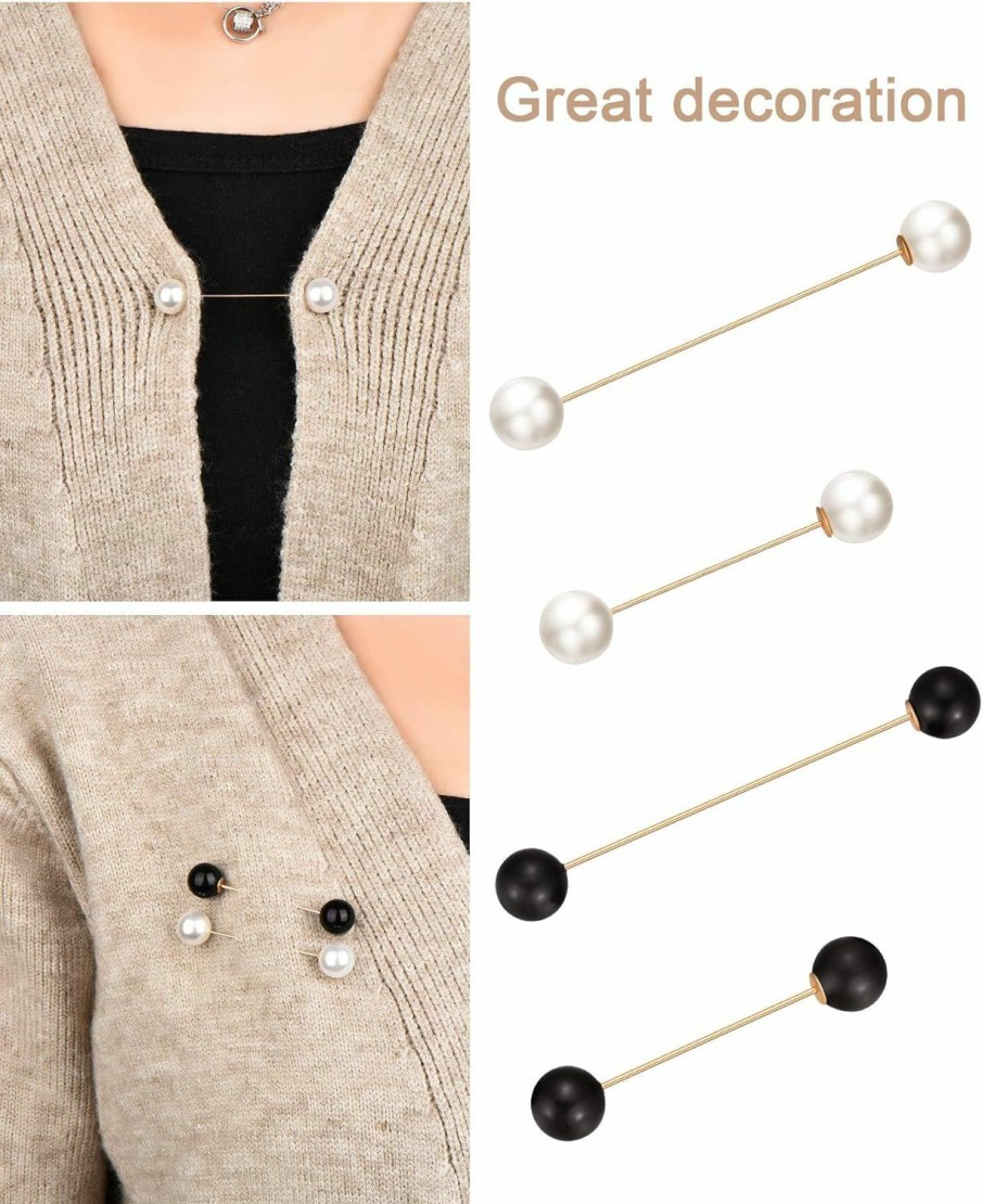 Chuangdi 4 Pieces Sweater Shawl Clips Pearl Brooch Pins For Women Cardigan Sweater Clip Double Faux Pearl Brooches Vintage Shirts Pin For Clothes Women Girl Costume Accessory New