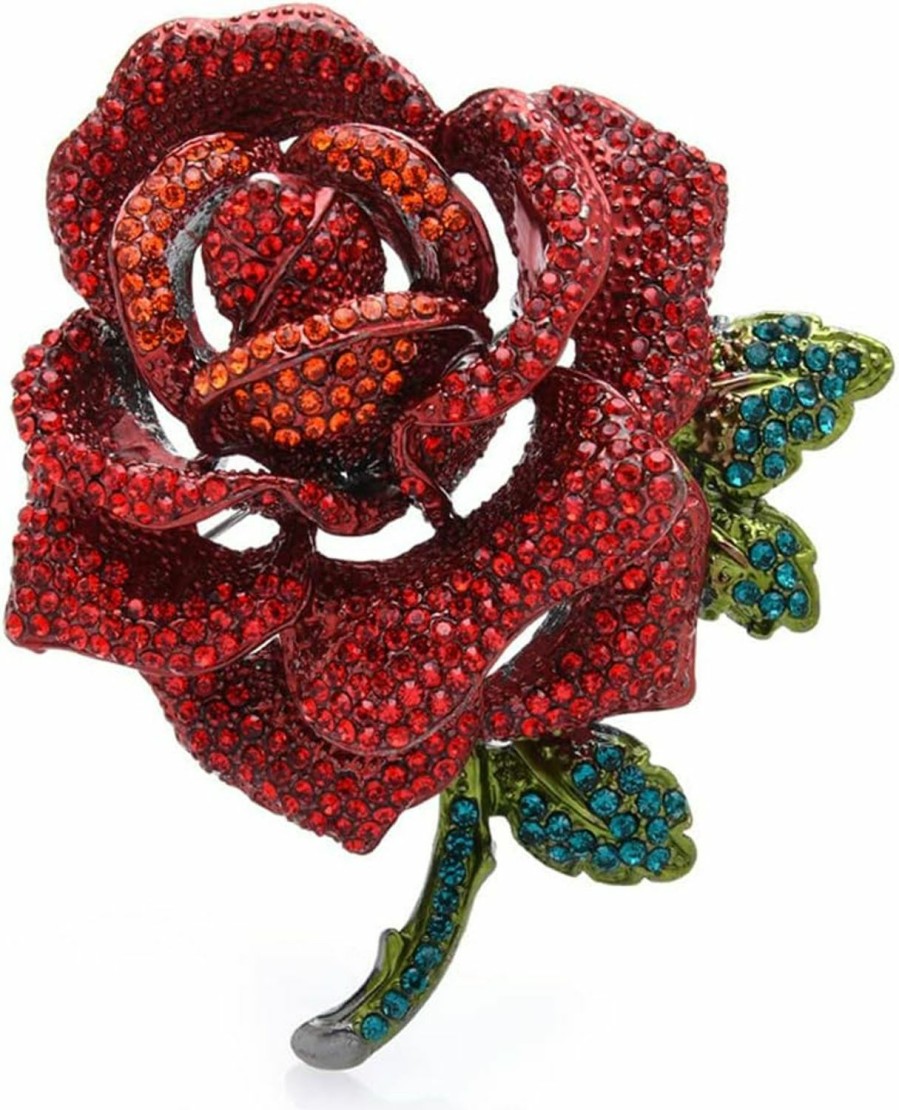 QUREZA Rose Flower Brooch For Women Girls Red Rhinestone Crystal Rose Lapel Pin Elegant Dress Accessories Jewelry Wedding Birthday Valentine'S Day Gift Wholesale