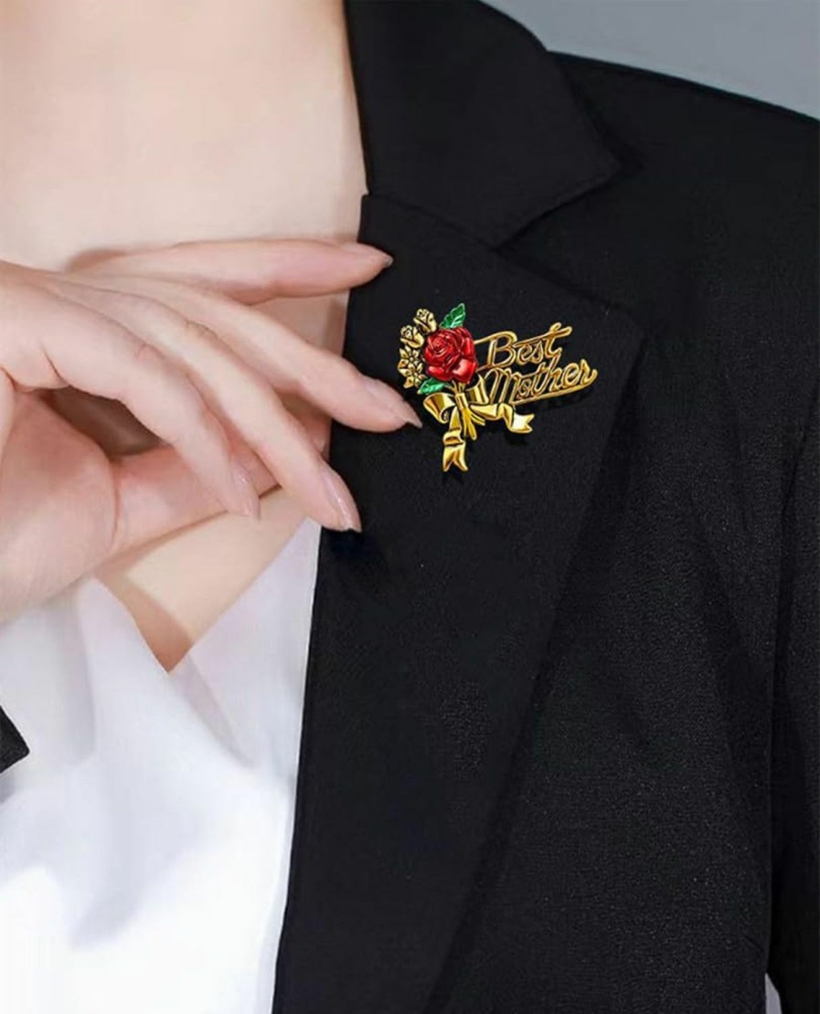 Dtja Elegant Flower Best Mother Brooch Pin For Women Girls Mom Fashion Red Blue Rose Green Leaf Bowknot Ribbon Badge Brooches Lapel Pins Cute Dress Accessories Mother'S Day Birthday Christmas Jewelry For Mommy Wife Hot