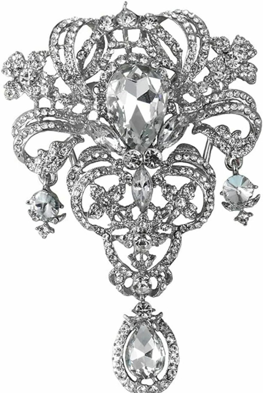 Gyn&Joy Gyn&Joy Womens 5 Inch Clear Crystal Rhinestones Large Flower Bouquet Tear Drop Pendant Brooch Pin New