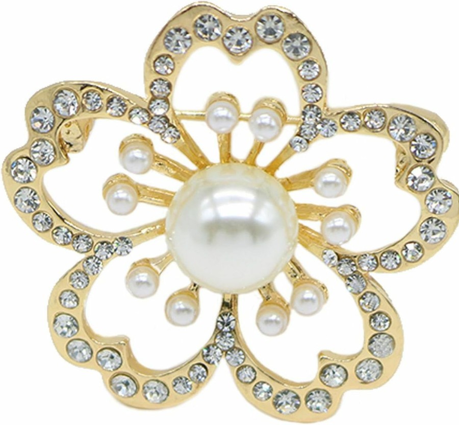 ABJFJE Women'S Crystal Pearl Flower Brooches Elegant Enamel Rhinestone Floral Statement Brooch Pins Fashion Jewelry Accessories For Women Girl Gift Gold Clearance