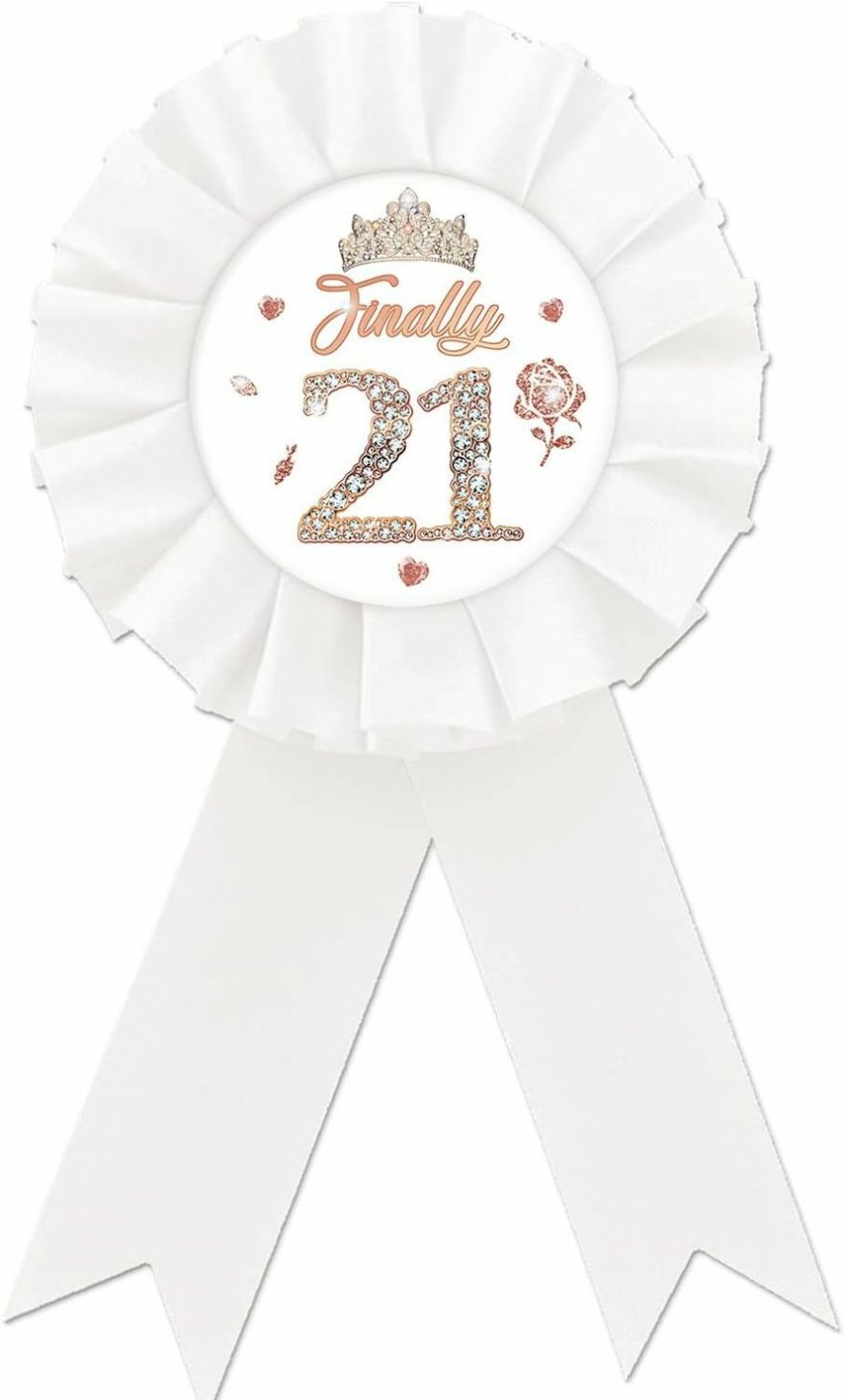 ROSTYAKZ Finally 21 Tinplate Badge Pin, Happy 21St Birthday Button Pin, Rose Gold Crown Happy Birthday White Rosette Badge Pin For Women, Diamond Brooch Buttons For Twenty One Birthday Party New