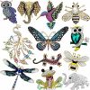 Junkin 12 Pcs Women Brooches Bulk Set Rhinestone Crystal Vintage With Hummingbird Owl Elephant Peacock Bee Brooch Pin Animal Shape Butterfly Pins For Women Girls Christmas Gifts New