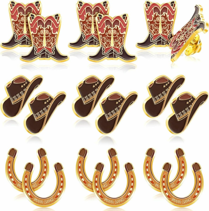 Crowye Crowye 18 Pcs Cowboy Western Lapel Pin For Men Women Western Cowboy And Cowgirl Pin Brown Hat Pins Zinc Alloy Boot Horseshoe Jewelry Decorations For Backpack Party, 3 Styles Wholesale