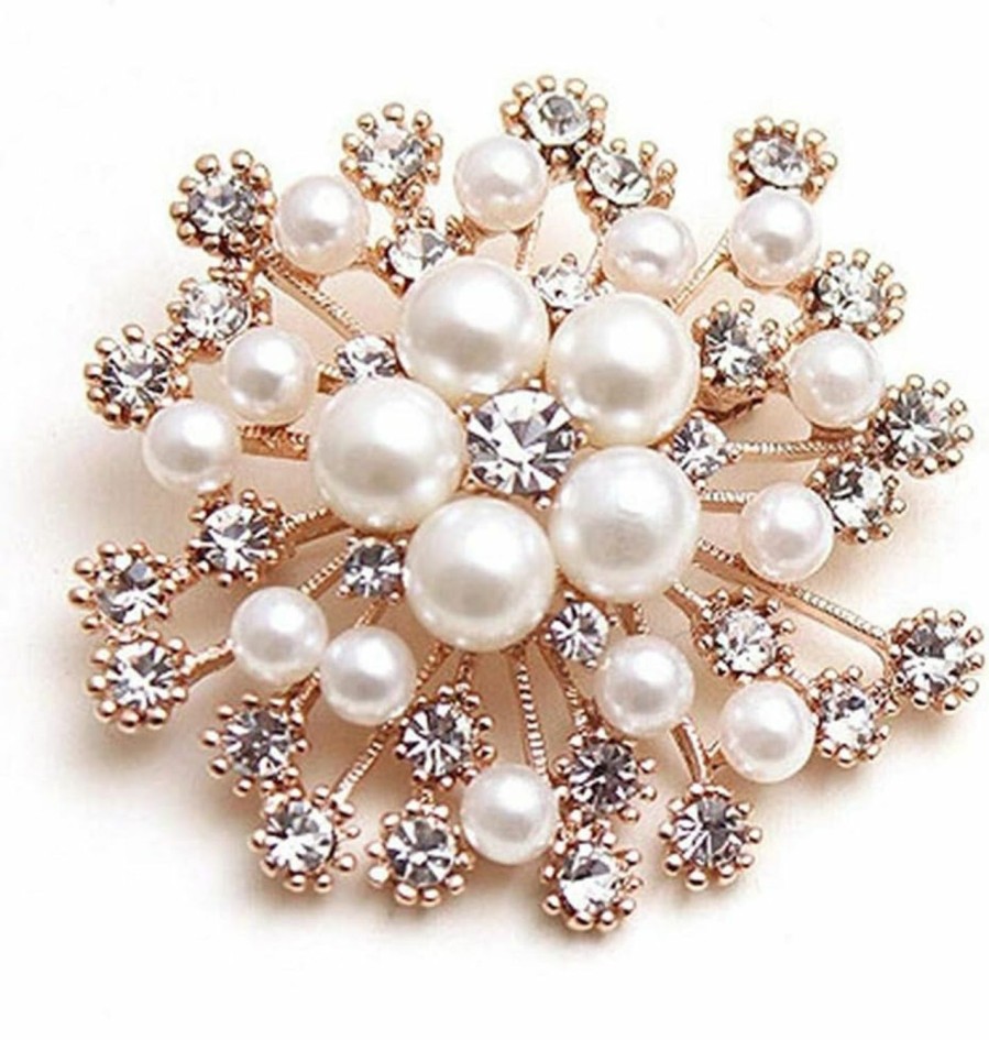 Weiy Weiy Glittering Imitation Pearl Crystal Snowflake Flower Design Brooch Pin Badge Fashionable Charming Dress Scarves Shawl Clip Clothes Bags Decoration Jewelry Gift For Women Girls New