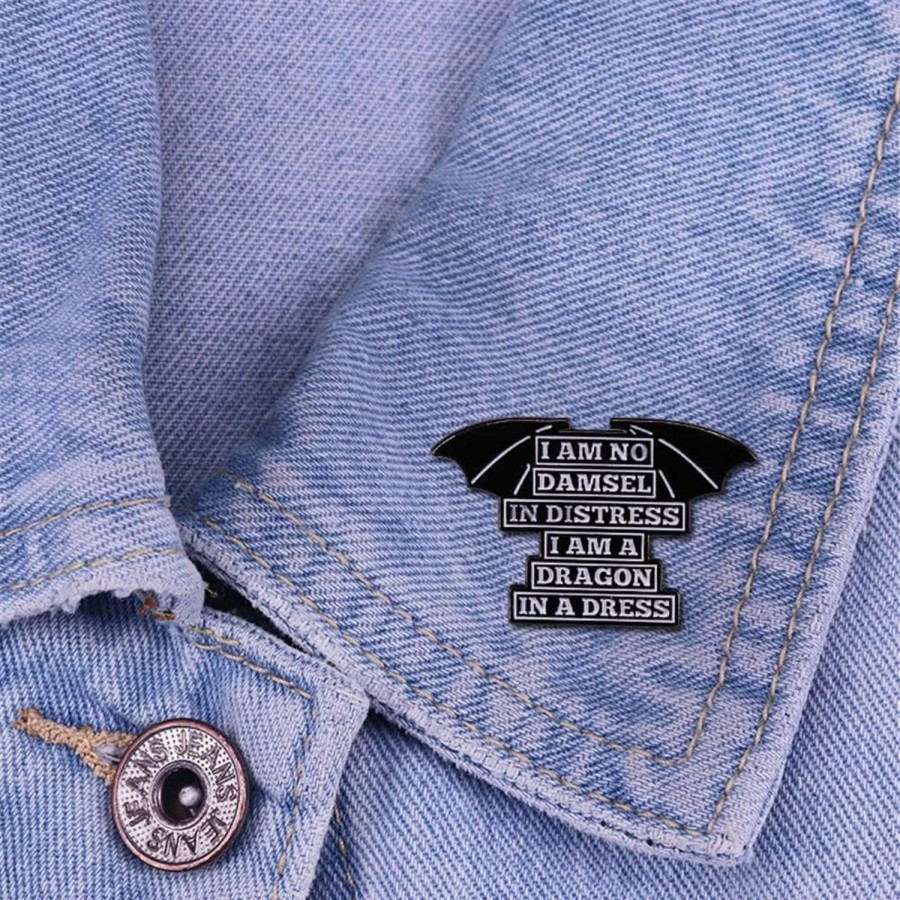 LATINDAY Latinday I Am No Damsel In Distress I Am A Dragon In A Dress Feminist Enamel Pin Cartoon Brooch Punk Jackets Lapel Pins Badges Brooches Jewelry Accessories Clearance