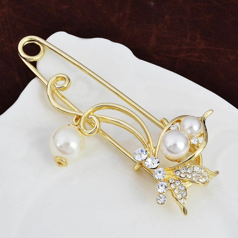 YYBONNIE Obonnie Crystal Butterfly Safety Pin Brooch With Pearl Pendant Cardigan Hat Scarf Flower Pins Jewelry Hot