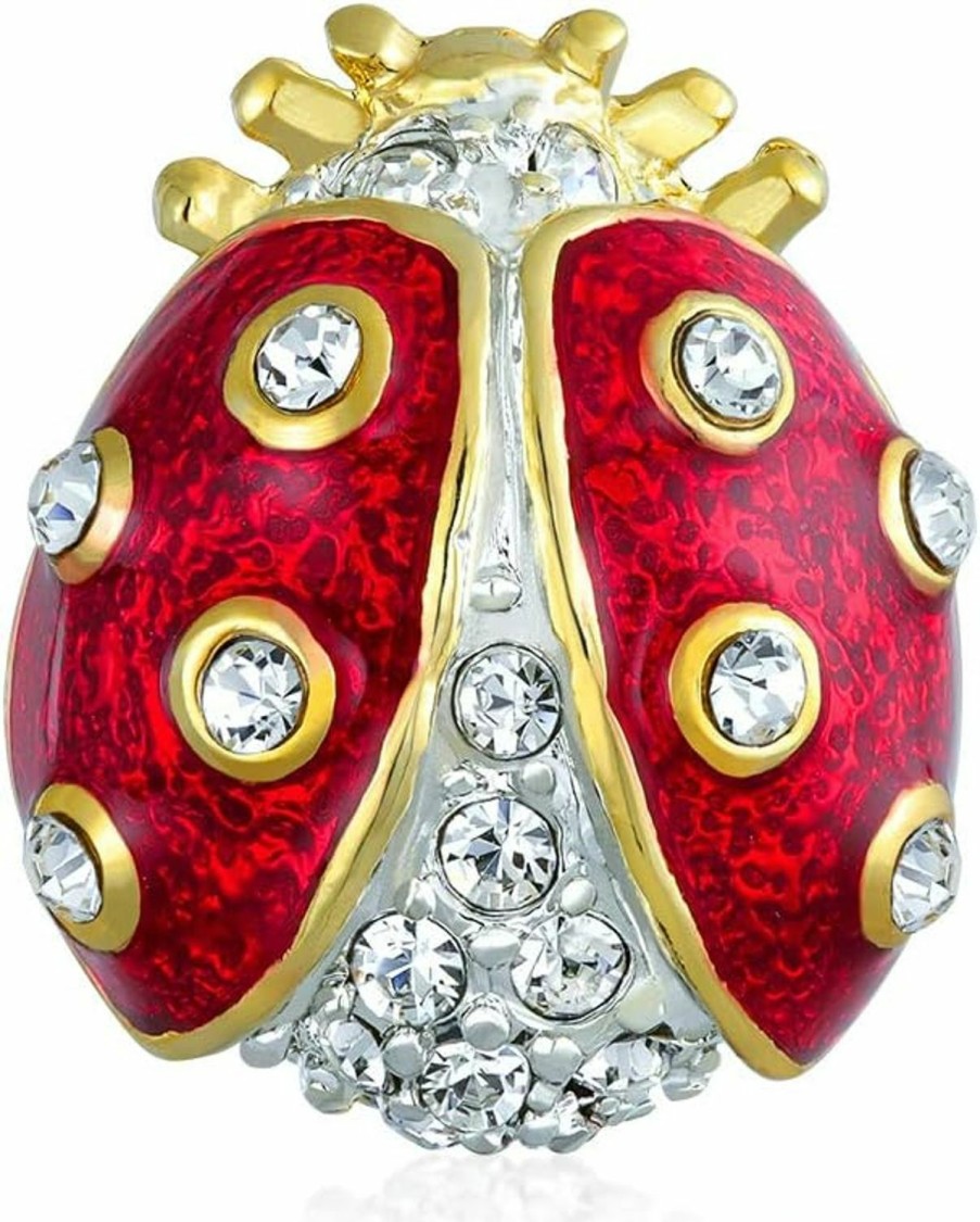 Bling Jewelry Delicate Lucky Red Black Enamel Crystal Accent Garden Insect Twin Ladybug Lapel Push Pin For Women Teen Gold Plated New