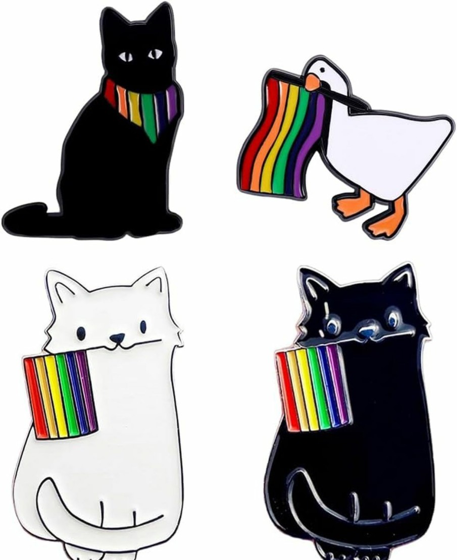 Opexicos Opexicos 4Pcs Black And White Rainbow Cat Brooch Gay Pride Rainbow Flag Goose And Black Cat Enamel Pin Best