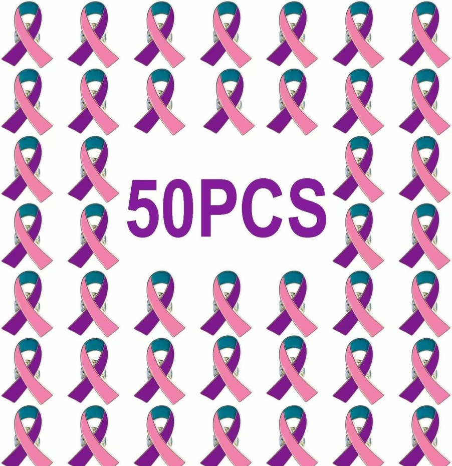 TSYMINQC 50 Pcs Pink Purple Teal Ribbon Pins Thyroid Cancer Awareness Enamel Lapel Brooch Cancer Awareness Products Hot