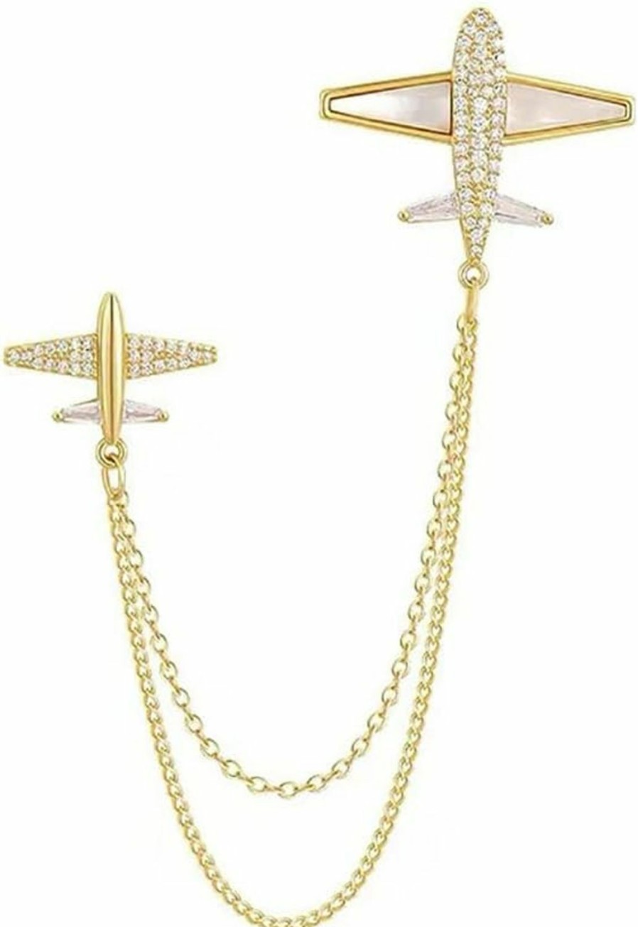 Izpack Dainty Airplane Brooch Pin For Women Girls Cubic Zirconia Rhinestone Chain Tassel Aircraft Plane Lapel Pin Dress Banquet Jackets Hats Scarf Accessories Brooches Pins Fashion Flight Attendant Uniform New