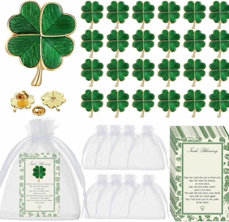 Remuuly Remuuly 72 Pcs St. Patrick'S Day Clover Lapel Pins Include Four Leaf Clover Lapel Pin Brooches With Blessing Cards And Organza Gift Bags Irish Four Leaf Clover Jewelry With Locking Back For Women Men Hot