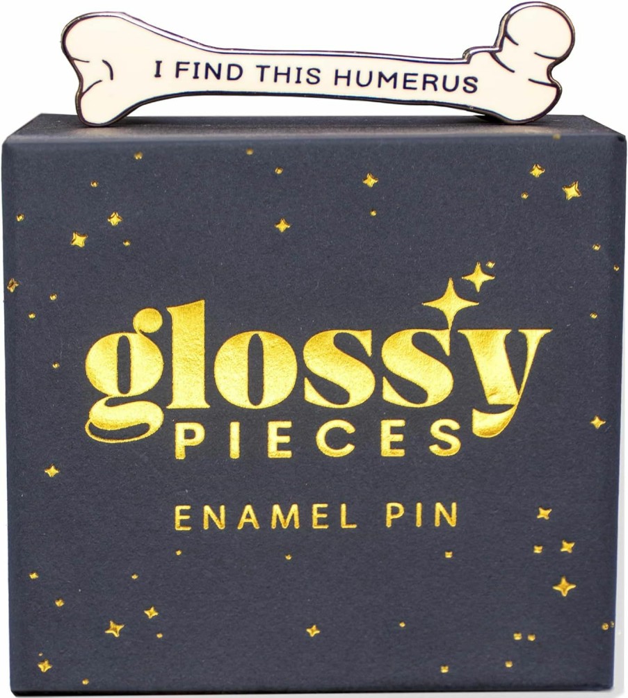 Glossy Pieces Glossy Pieces| I Find This Humerus | Humerus Bone Enamel Lapel Pin | Bone Lapel Pin | Novelty Brooch Pin | Funny And Unique | Superior Metals | Gun Metal, Gold Or Silver Coated Alloy | Clear Enamel Coating | Vibrant Colors | Includes 2 X Rubber Clasps, Box | Designed For Hats, Lapels, Coats, Jackets, Bags, Ties, Lab Coats, Clothing | Enamel Pins Online