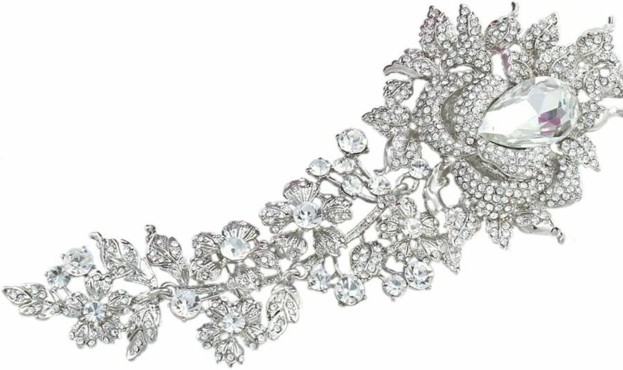 EVER FAITH Ever Faith Rhinestone Crystal 8 Inch Elegant Bridal Rose Flower Bud Brooch Clear Silver-Tone Hot