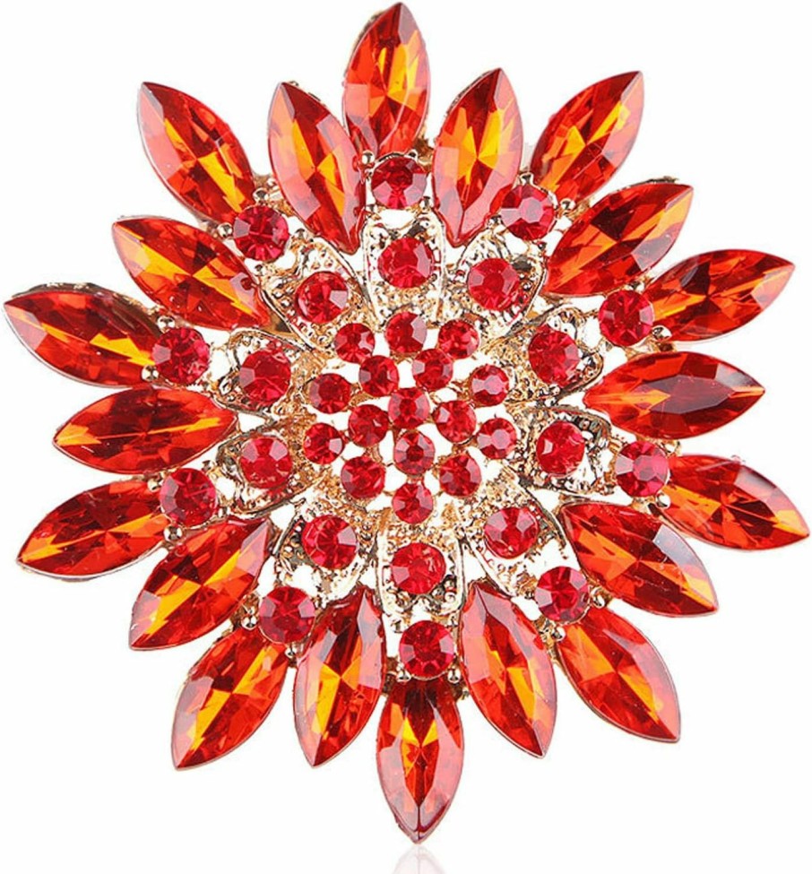 GYRMMUE Rhinestone Sunflower Brooch Pin Red Pink Flower Brooch Stylish Crystal Brooch Elegant Clothing Hat Bag Accessories Jewerly For Women Teen Girls New