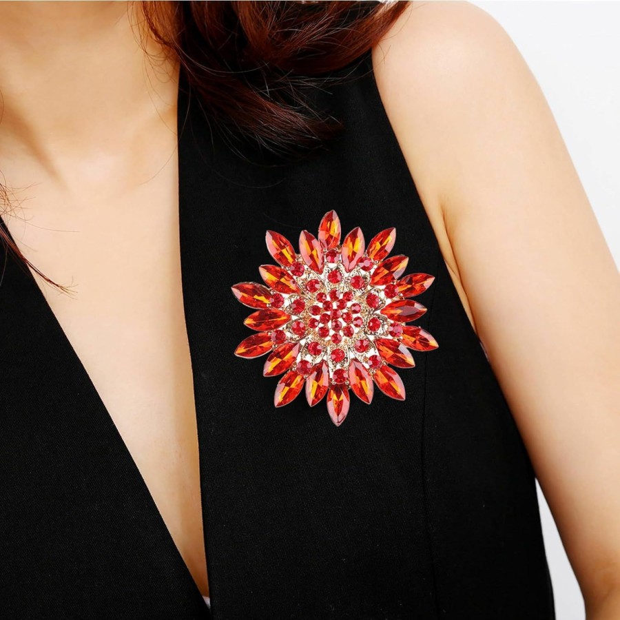 GYRMMUE Rhinestone Sunflower Brooch Pin Red Pink Flower Brooch Stylish Crystal Brooch Elegant Clothing Hat Bag Accessories Jewerly For Women Teen Girls New