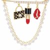 YYBONNIE Yybonnie Gold Tone Crystal Pearl Chain Safety Pin Brooch Cardigan Hat Scarf Pin Brooch With Red Lip Charm Clearance