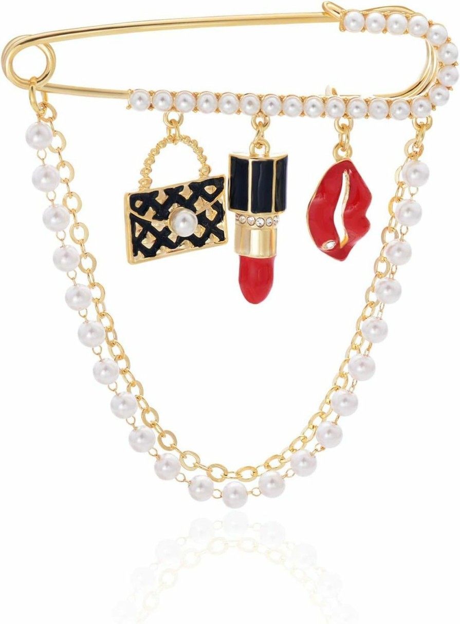 YYBONNIE Yybonnie Gold Tone Crystal Pearl Chain Safety Pin Brooch Cardigan Hat Scarf Pin Brooch With Red Lip Charm Clearance