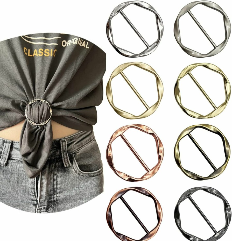 XGALBLA 8 Pcs Silk Scarf Ring Clip T-Shirt Tie Round Clips For Women, Simple & Generous Metal Round Circle Clip Buckle Clothing Ring Wrap Holders Slide Tshirt Twist Knot Clip Clearance