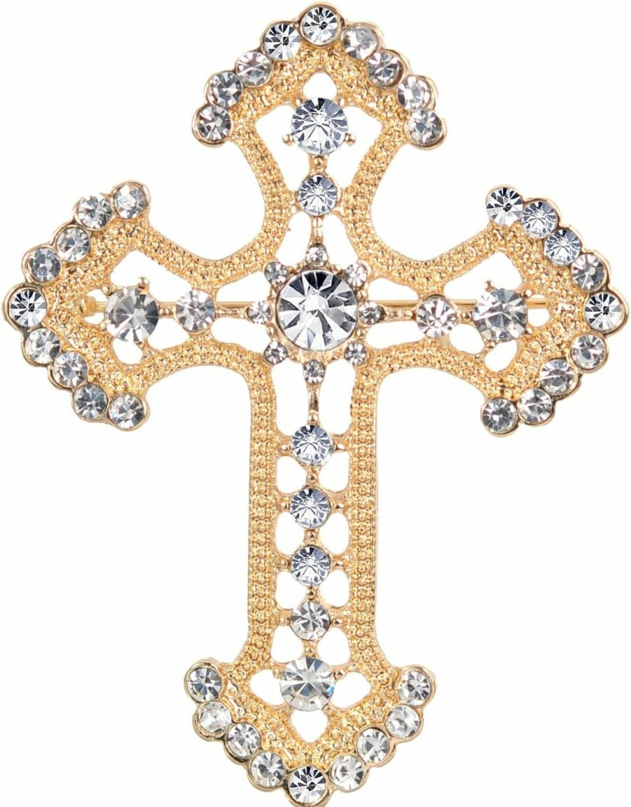 Gyn&Joy Gyn&Joy Golden Tone Clear Crystal Rhinestones Holy Cross Brooch Pin Hot