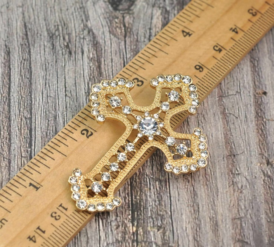 Gyn&Joy Gyn&Joy Golden Tone Clear Crystal Rhinestones Holy Cross Brooch Pin Hot