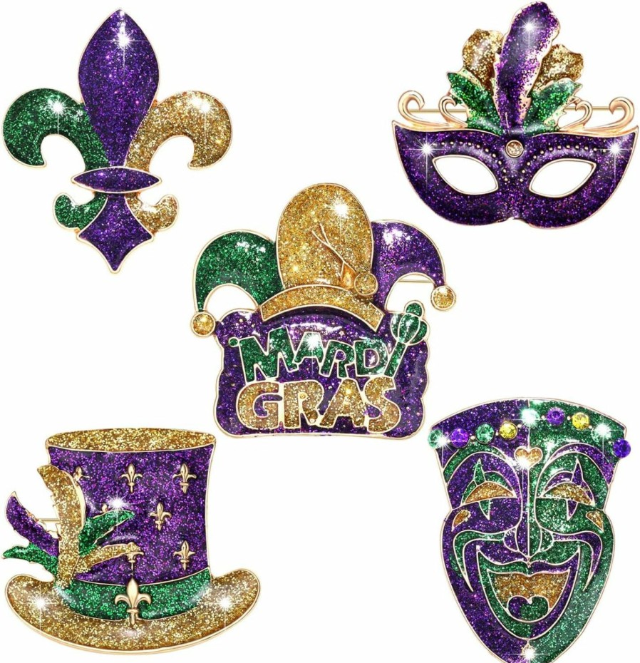 ARATLENCH Mardi Gras Brooches For Women 5 Pcs Glitter Mask Fleur-De-Lis Mask Skull Jester Feather Hat Mardi Gras Crown Brooch Pins Bulk Festival Carnival Parade Party Brooches Accessories Gift For Mardi Gras Holiday Costume Decoration Wholesale