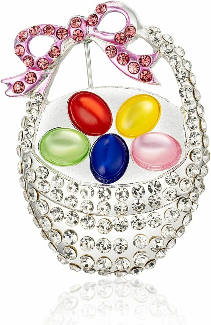 Andober Crystal Basket Colorful Easter Egg Brooch Pin With Pink Bow Rhinestones Hot