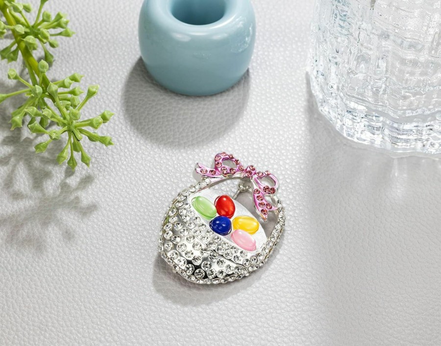 Andober Crystal Basket Colorful Easter Egg Brooch Pin With Pink Bow Rhinestones Hot