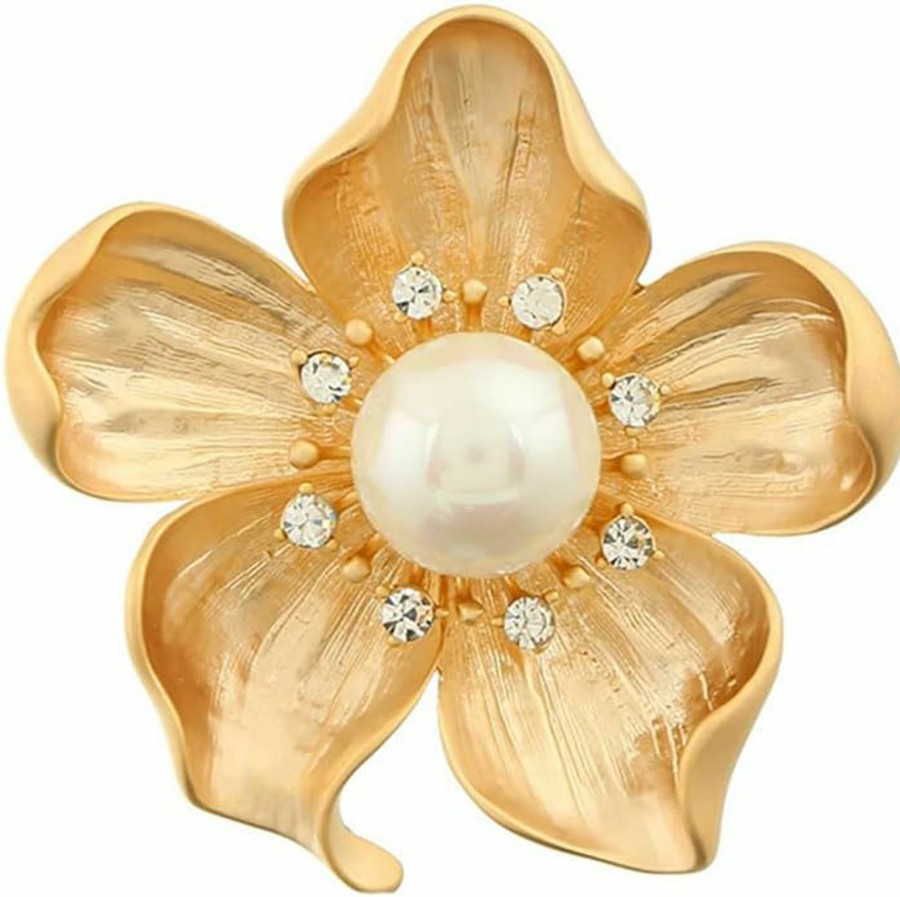 PONCTUEL ESCARGOT Yellow Flower White Faux Pearl Brooch Pin Layered Flower Lapel Pin Women Girls Dress Suit Cardigan Safty Pin Metal Flower Decor Mother'S Day Christmas Gift Hot