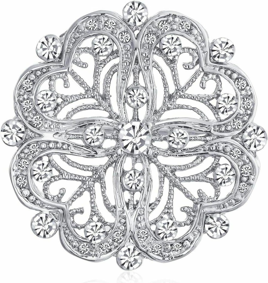 Bling Jewelry Vintage Antique Style Floral Heart Filigree Cz Brooch Pin For Women Silver Plated Brass New