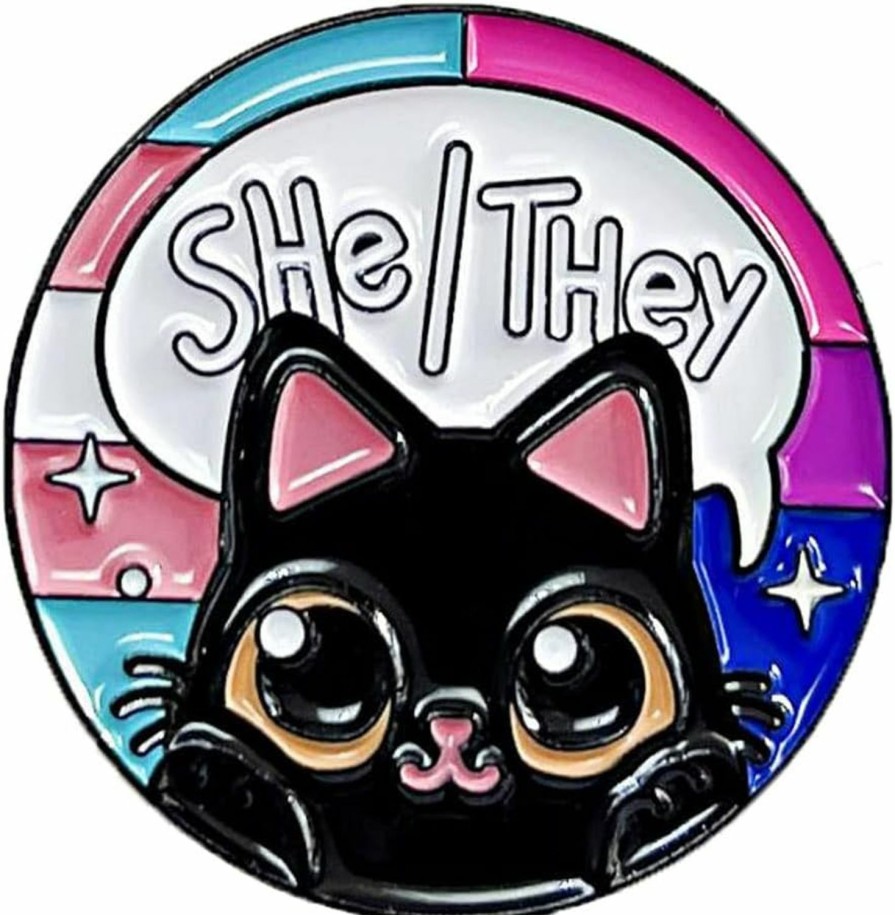 VNEWSCHI She They Cat Enamel Pin Cute Color Cat Lapel Pin Lgbt Pride Badge Brooch Nonbinary Femme Pronoun Button Badge Lgbt Gift Clothes Hat Bags Accessories Online