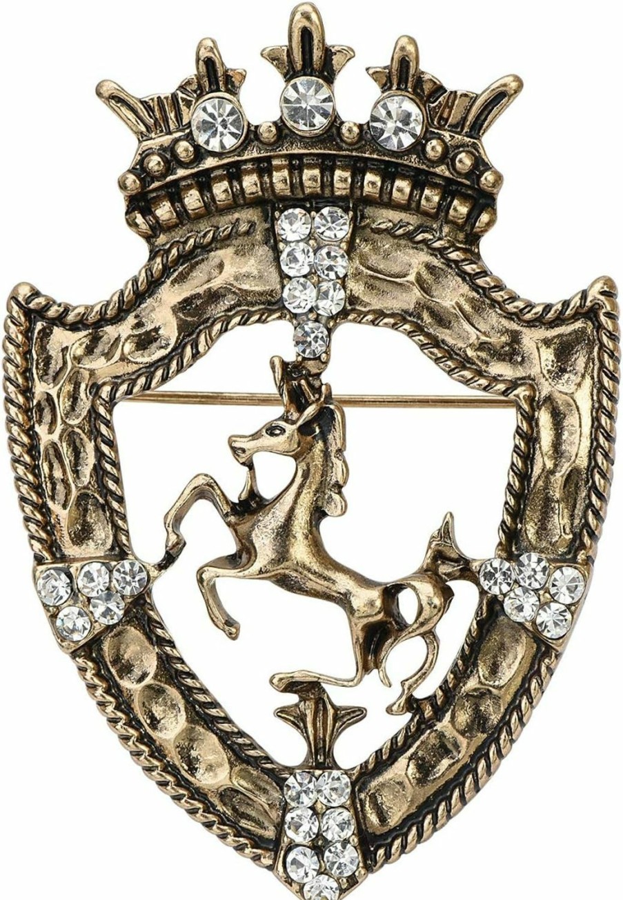 YYBONNIE Yybonnie Vintage Golden Tone Queen Crown Pin Brooch Crystal Horse Racing Chapter Badge Best